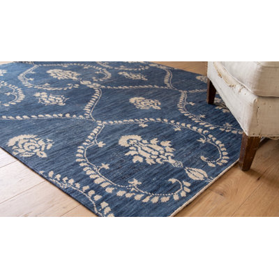 Tapis bleu moderne à motif géométrique en laine noué à la main
