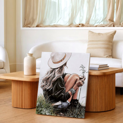 Boho, femme avec un chapeau assis dans l'herbe, Illustration de mode, reproduction d'art sur toile, décoration murale moderne pour le salon, bureau de chambre à coucher
