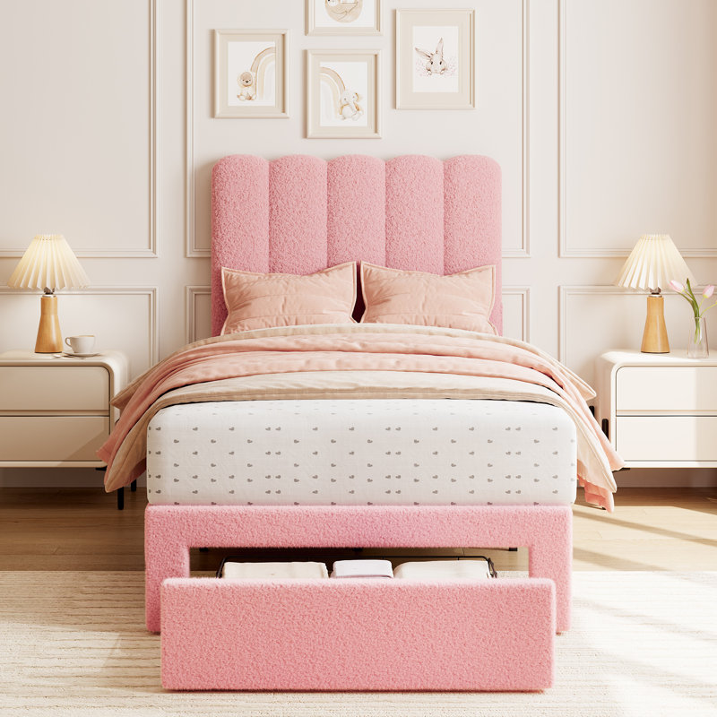 Twin Size Modern Velvet Upholstered Platform Bed Frame with Wave Headboard, Under-Bed Storage Drawer, Noise-Free Wooden Slats, No Box Spring Needed, Easy Assembly for Kids  - Pink