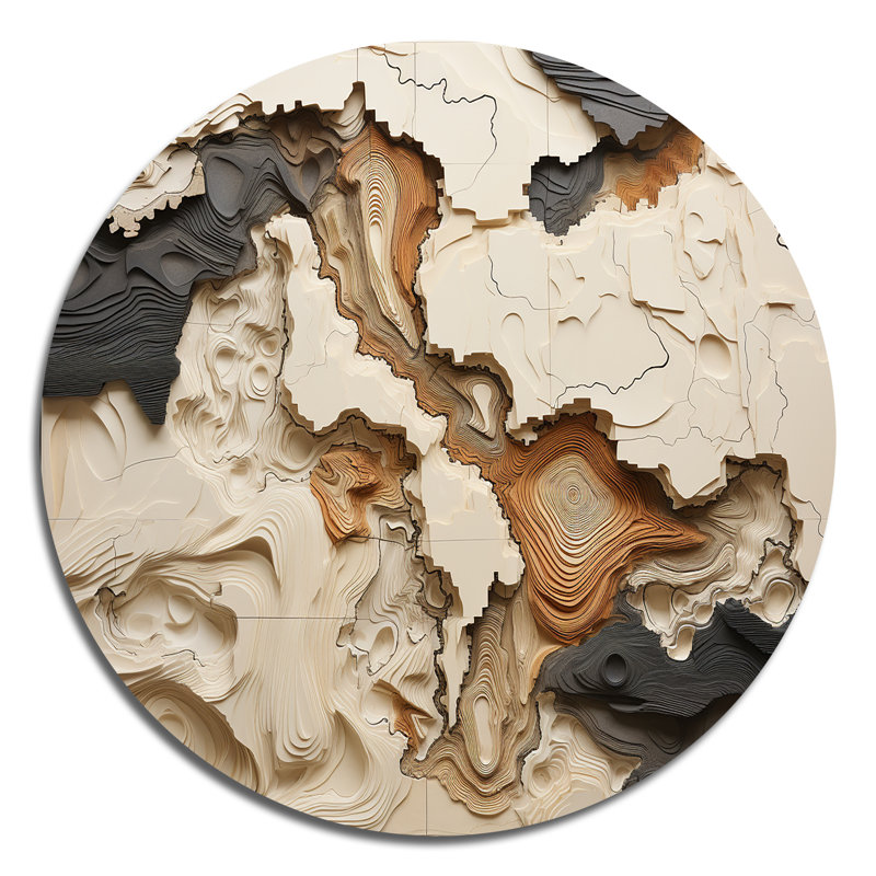 Collage de rivière africain beige et brun - impressions d'art rondes abstraites sur métal, H 23 po x l 23 po