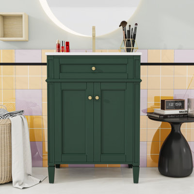 Meuble-lavabo de salle de bain avec lavabo en céramique, tablette réglable, tiroir basculant et portes à fermeture en douceur