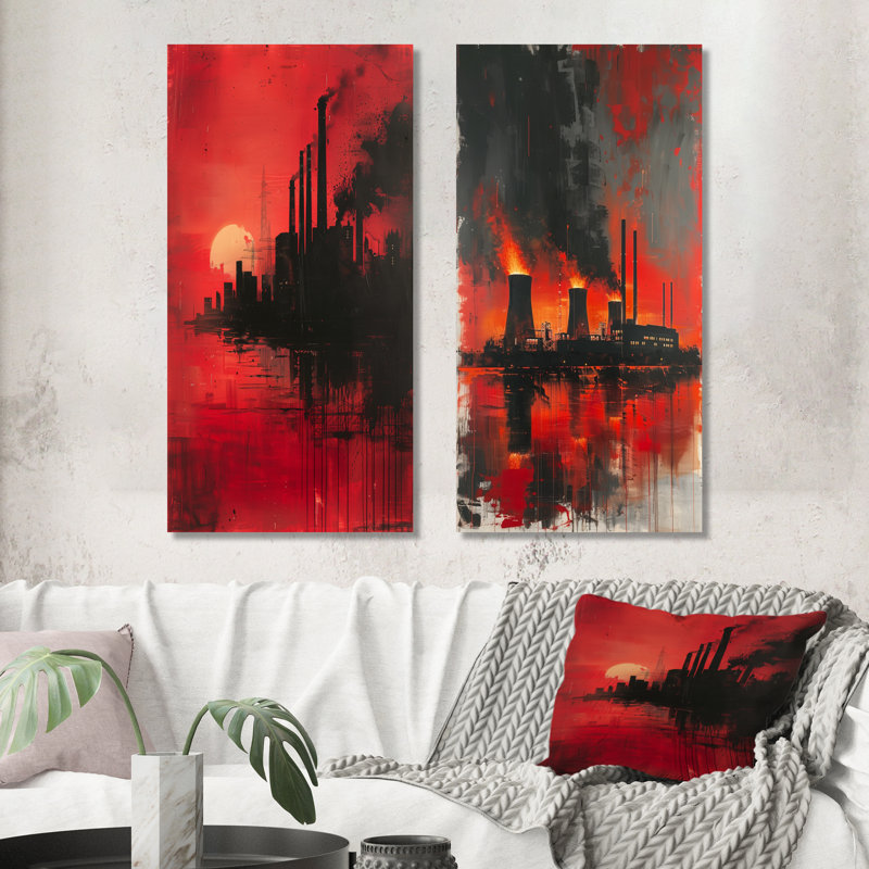 Décoration murale moderne en métal 2 panneaux rouge et noir, 32" H x 32" W