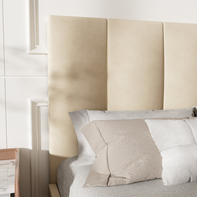 Lit plateforme tapissier rembourré en lin avec rangement relevable et support de lattes renforcé, Grand, Beige chaud