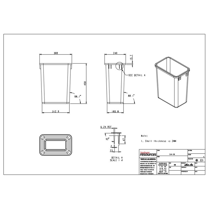 Plastic Open Kitchen Trash Can, 18.03" H x 9.03" W x 14.5" D, 8.75, White