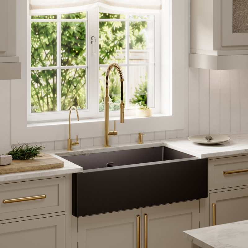 Karran Farmhouse Apron Front Quartz Composite 34'' X 21-1/4'' 50/50 Double Bowl Kitchen Sink, Black