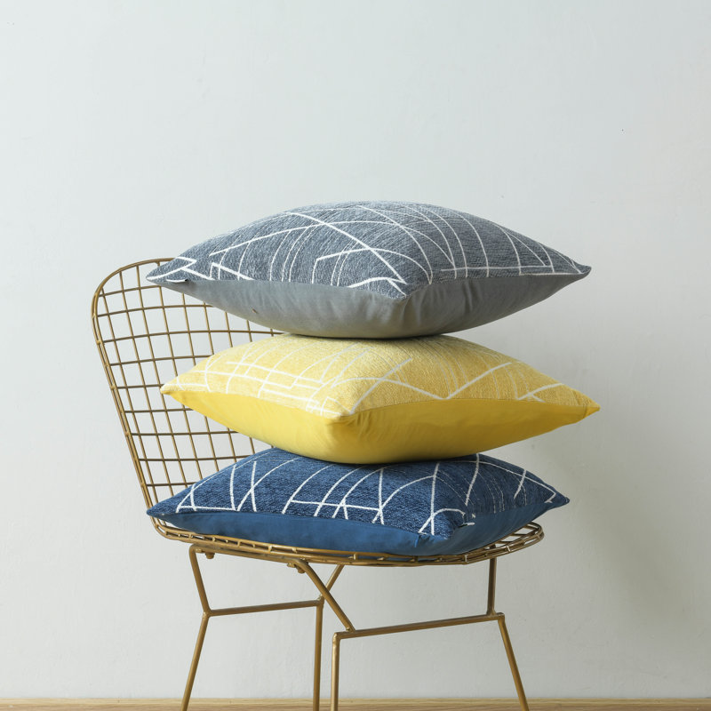 Housse de coussin en jacquard à motif géométrique en chenille moderne, Bleu foncé, H 18 po x l 18 po