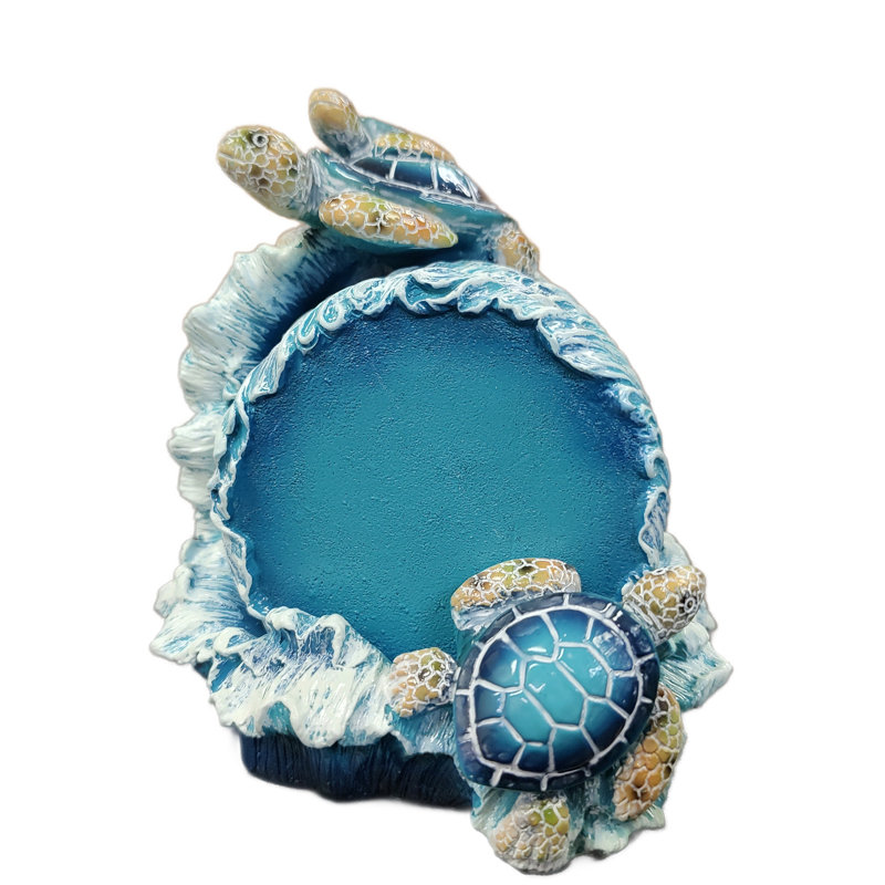 Ocean Blue and White Polyresin Sea Turtle Round Coaster Set with Holder