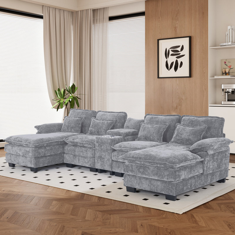 133" Oversized Chenille U Shaped Sectional Sofa with Storage Console Cup Holders and USB, Gray Chenille