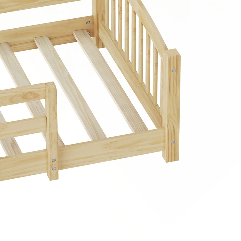 Lit sur pied en bois massif avec clôture et sans porte, Naturel, Lit simple