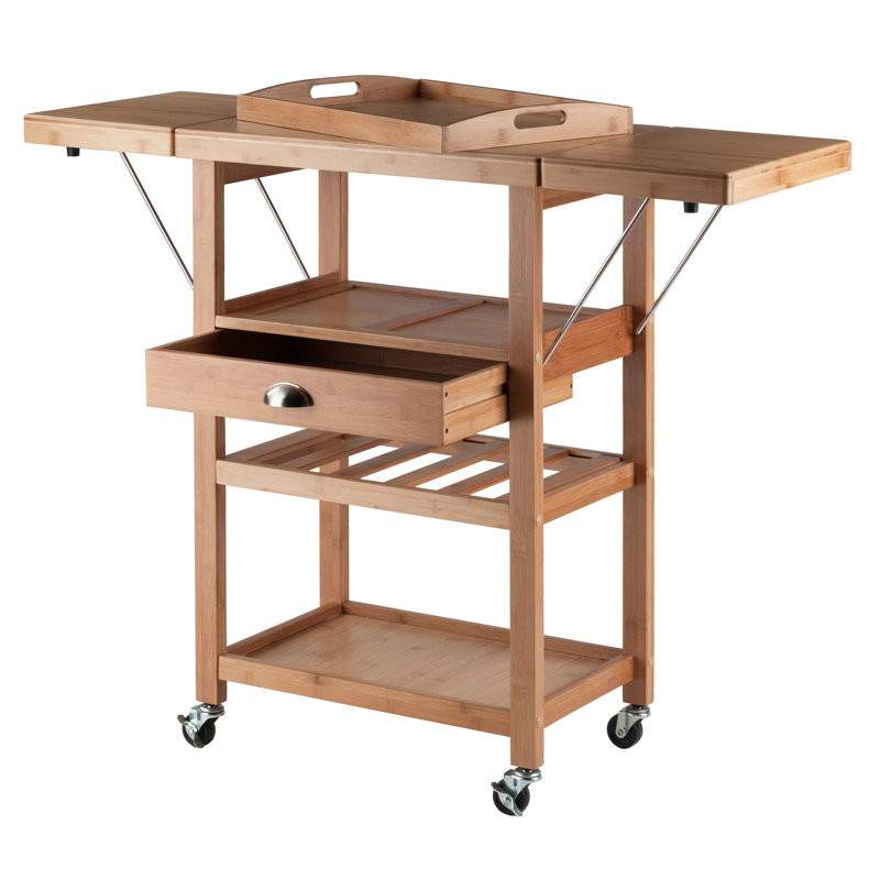 Natural Bamboo Drop Leaf Kitchen Cart with Wine Rack