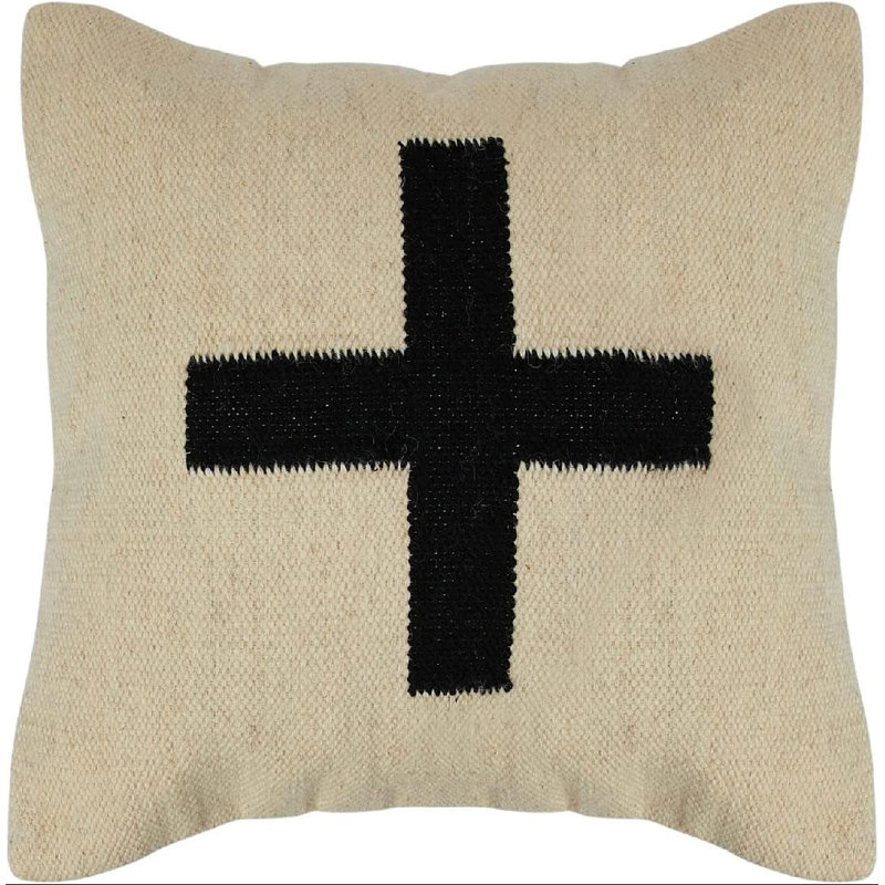 Swiss Cross Cotton Wool Throw Pillow, Cream/Black