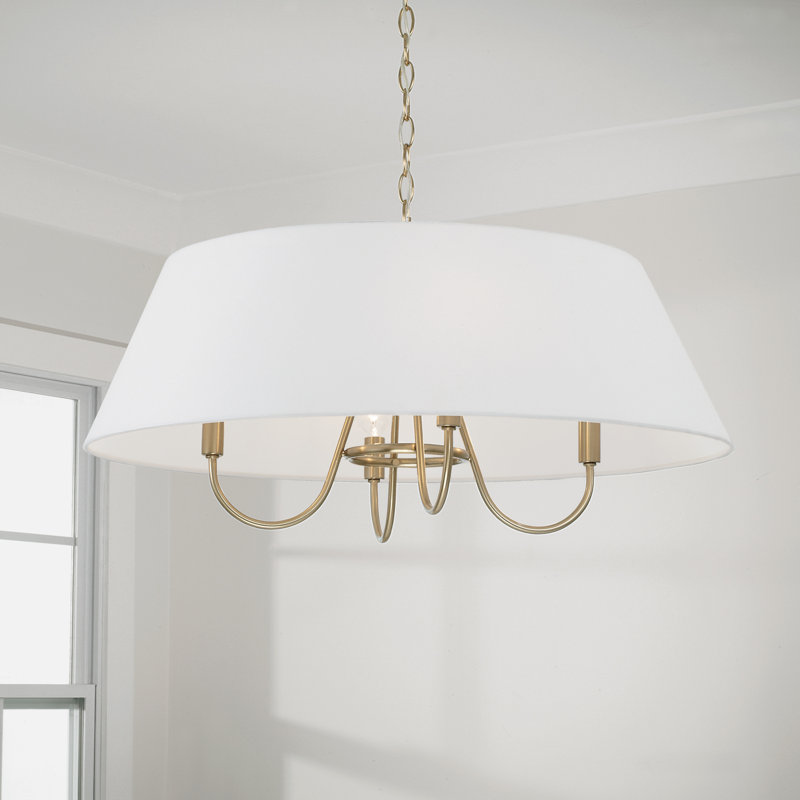 Luminaire suspendu 4 lumières 28,50 "x H 14,25" en laiton mat avec abat-jour en tissu blanc