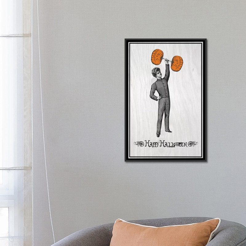 « citrouille strong man », art sur toile tendue, H 26 po x l 18 po x P 1,5 po, Toile avec cadre noir, Pas de tapis