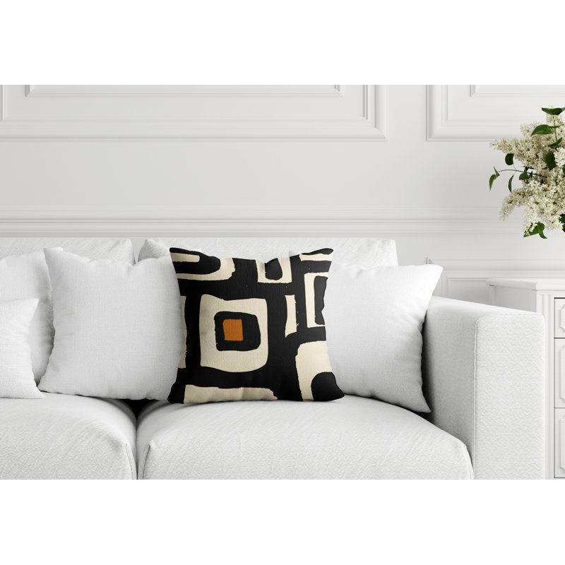 Coussin intérieur / extérieur en polyester filé Banksy, 17 po x 17 po, Orange, blanc cassé