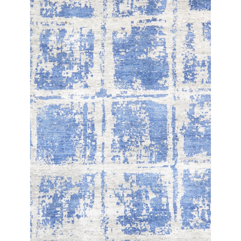 Tapis géométrique en soie noué à la main argent / bleu, Rectangle 8 pi x 10 pi