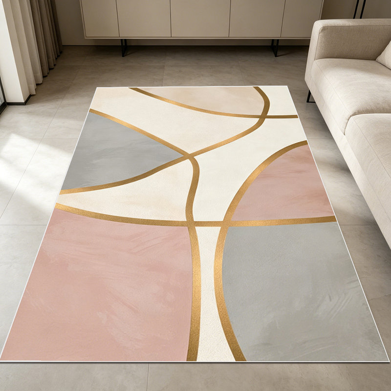 1PC Abstract Geometric Blush Pink Grey Gold Curved Line area rugs for Living Room, Soft and Comfortable, Suitable for all seasons, easy-to-maintain, machine washable Indoor floor mat, Under Table Farmhouse suitable for dining room, bedroom, entryway,