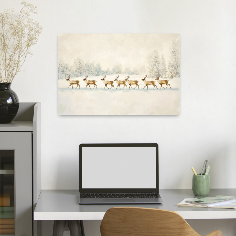 Reindeer In Winter Snow Abstract Contemporary Forest Landscape Wall Art Print 1 Piece Wrapped Canvas Wall Art