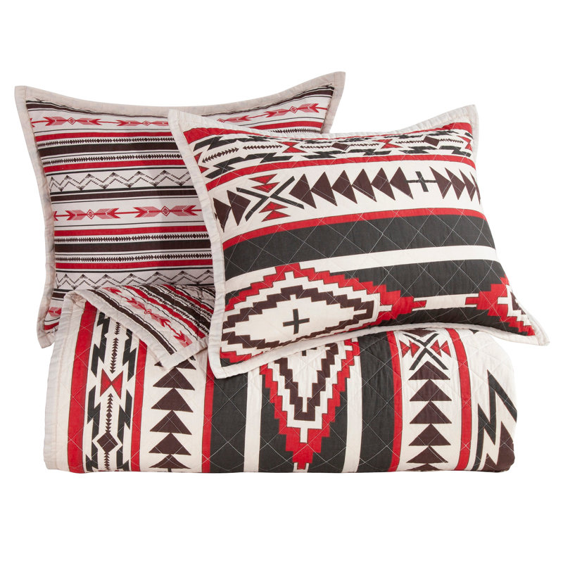 Cortez White Red Gray Brown Cotton Geometric Aztec Pattern Reversible Western Lodge Quilt Set, Twin Quilt + 1 Standard Sham