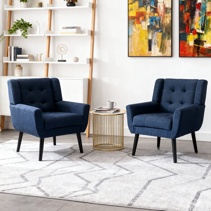 Tufted Upholstered Wide Back Armchair（Set of 2）, Navy Linen