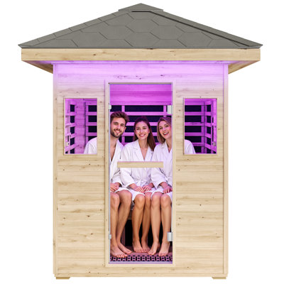 Sauna infrarouge sec à domicile pour 3 personnes avec chauffe-pieds en tourmaline, bois d'épinette, 2645W / 240 V à faible intensité de lumière - 7 lumières et deux haut-parleurs Bluetooth (60,2 po x 43,3 po x 98,4 po)