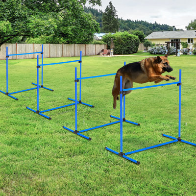 4 Piece Dog Agility Training Compilation Kit With Adjustable Hurdles, Fixed Bottom Bar, And Carry Bag For Outdoor Sports, Blue, 25.5" W Equipment Grou