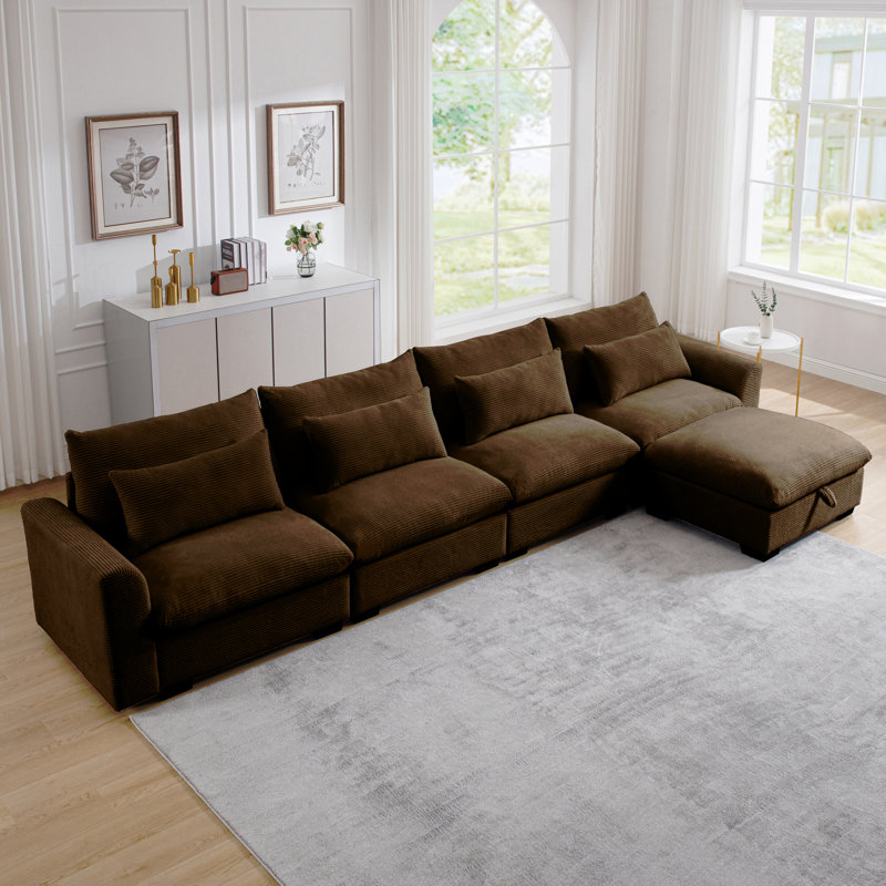 Grand canapé modulaire en forme de L en velours côtelé, canapé profond avec repose-pieds de rangement et 4 coussins de taille, brun