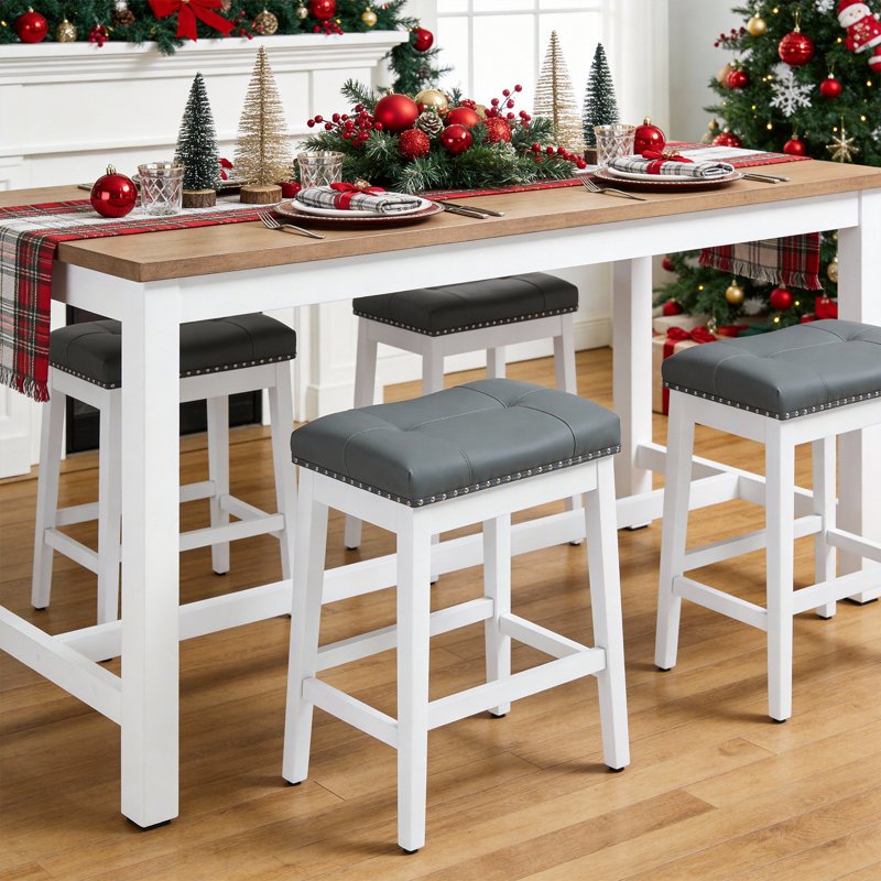 Set of 2 Upholstered Counter Height Bar Stools, PU Leather Barstools Kitchen Island Stools With Saddle Seat, Gray/White