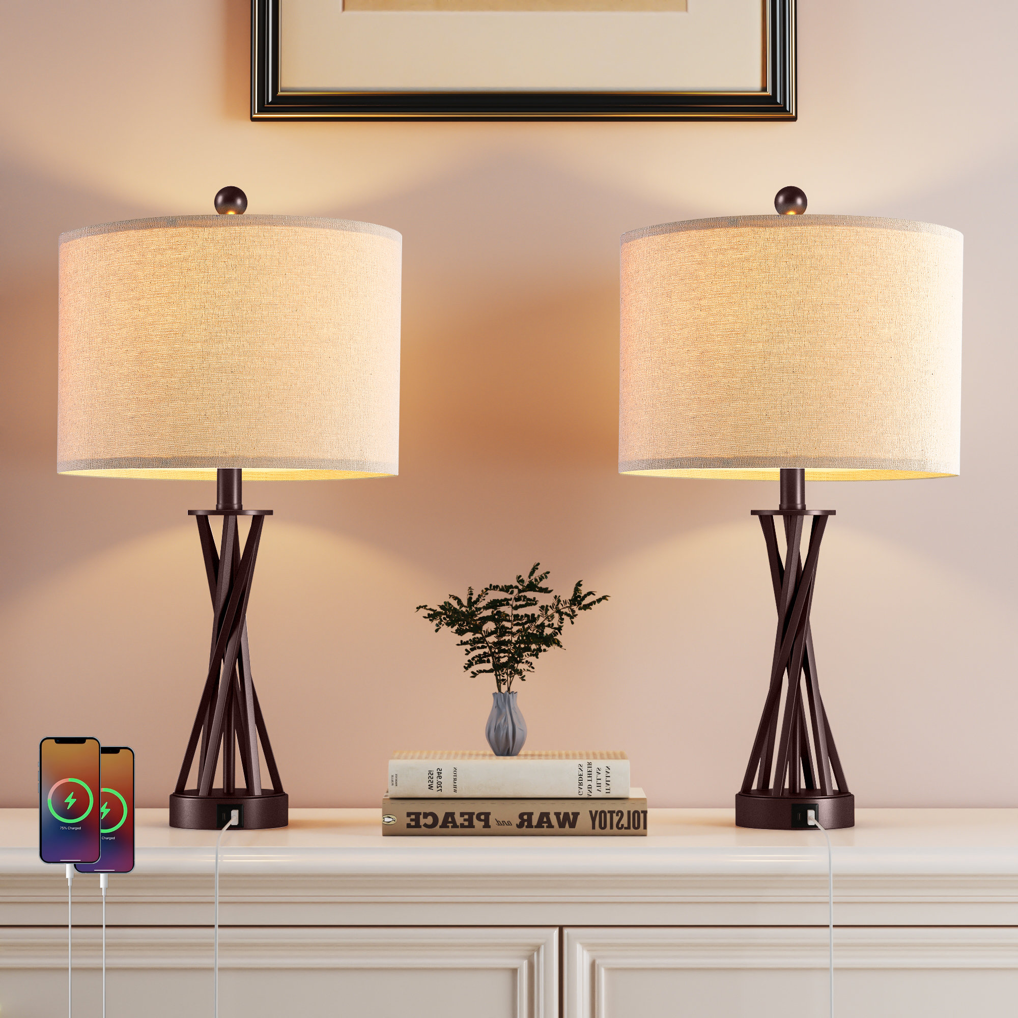 Latitude Run® 24 in. Modern Metal For Bedroom/Living Room Bedside Desk  Nightstand Table Lamp With White Linen Drum Shade And USB Port \u0026 Reviews |  Wayfair, image size:2000x2000