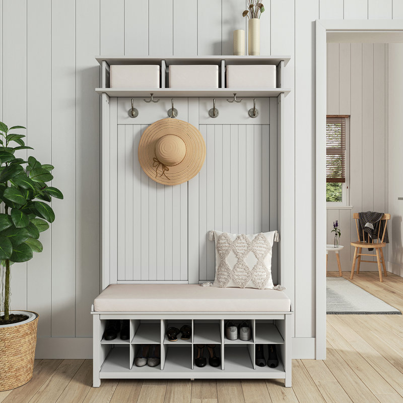 John Louis Home Solid Wood Hall Tree with Shoe and 1 Bin Storage, White
