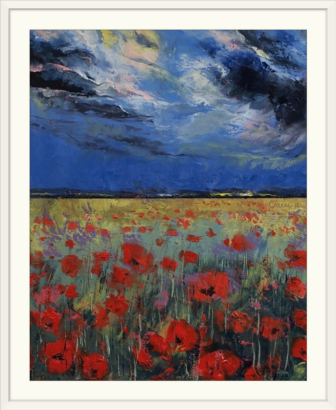 Cyd " Moonlight Poppy Landscape " by Michael Creese, White Framed, 32" H x 27" W x 1" D