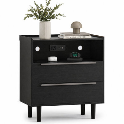 Modern 2-Drawer Nightstand with Built-in Charging Station and Open Shelf