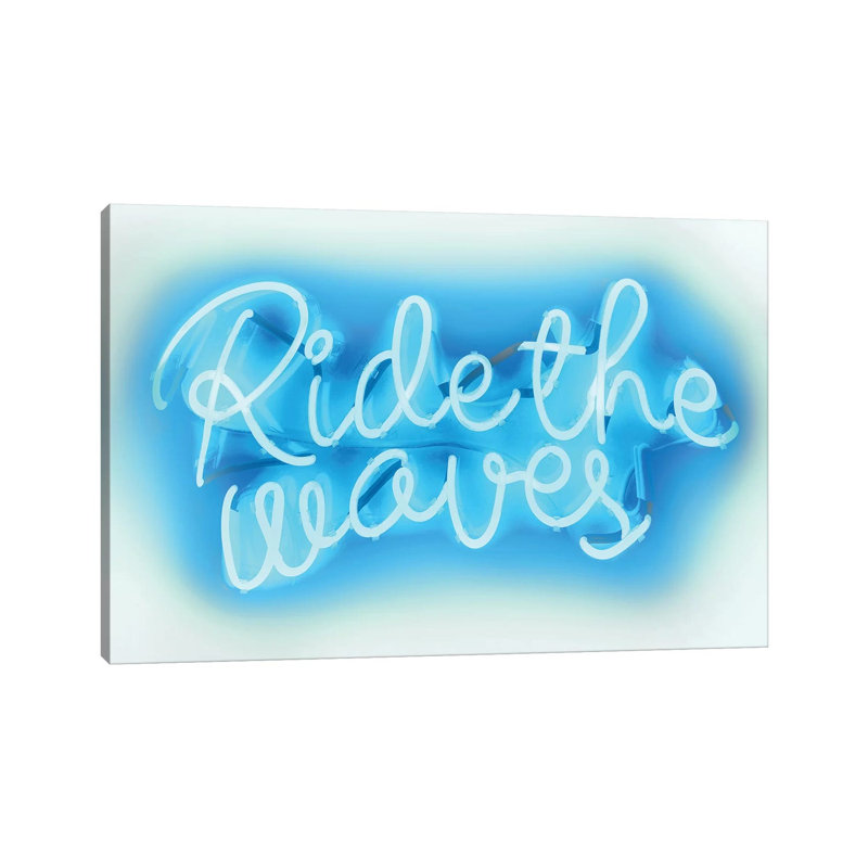Neon Ride The Waves Aqua On White by Hailey Carr - Wrapped Canvas Print, 20.32 cm H x 30.48 cm W