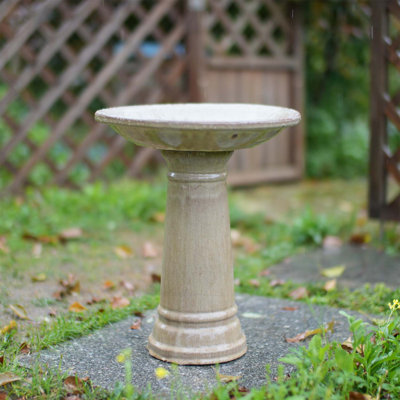 Bain d'oiseaux en céramique émaillée kaki rétro avec diamètre de 12,4 pouces, grand piédestal pour le jardin extérieur et la décoration de patio
