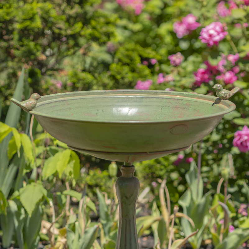 Green Ornate Metal Pedestal Birdbath with Cast Iron Birds
