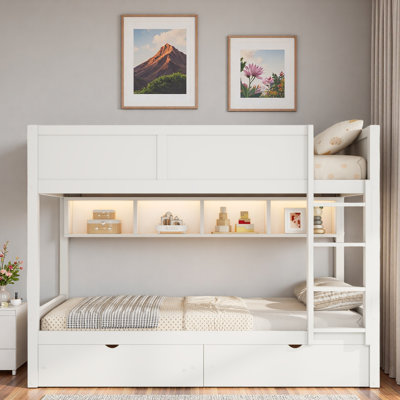Bunk Bed With Storage Cabinets, Led Light And 2 Drawers