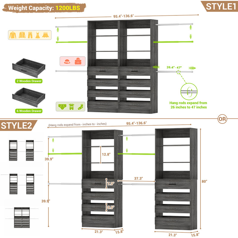 Walk-In 95.4”To 133.6” Closet System With 8 Wooden Drawers And 4 Hanging Rods, Gray