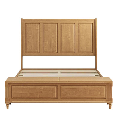 Structure de grand lit avec tête de lit haute et banc de rangement, lit-bateau en bois massif avec coffre de rangement de 64 po, aucun sommier requis, naturel