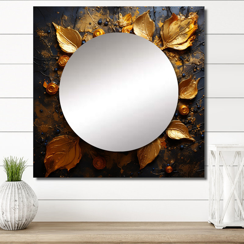 Abstrait doré tournesol glamour I - grand miroir carré de tournesol pour décoration murale, 29 po x 29 po