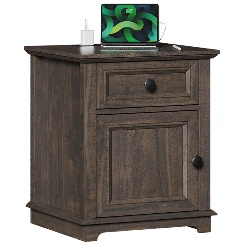 Vianet 24'' Tall End Table with Storage Drawer and Built-In Outlets, Rustic Brown