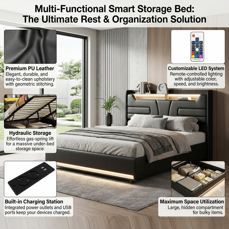Faux Leather Ottoman Beds Upholstered Ottoman Bed, European Kingsize (160 x 200 cm)