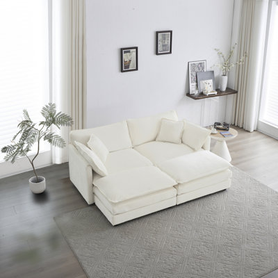 Modern Sofa4 - Piece Upholstered Sectional Sofa, 1 - Piece of 2 Seater Sofa and 2- Piece of Ottomans , 2 Seater Loveseat Lounge with Ottomans ,  Chenille