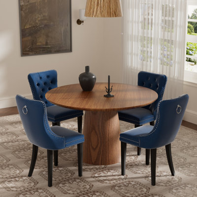 5 Pieces Modern Farmhouse Round Dining Set with Mid-century High-end Tufted Velvet Retro Chair Set for 4