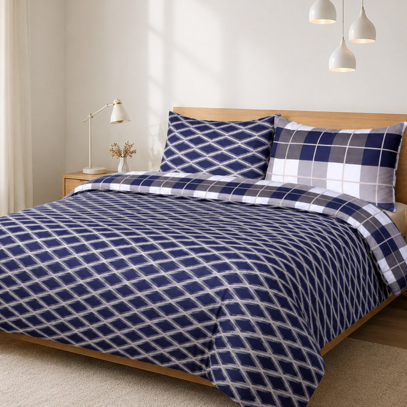 Aspire Homeware Navy Geometric Check Duvet Cover Set, Super King (260cm Width X 220cm Length)