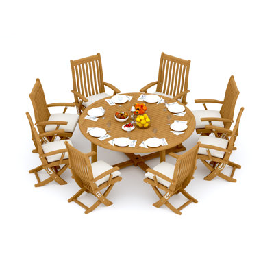 Ensemble de salle à manger 8 pièces en bois de teck de qualité A: table ronde de 72 po avec chaises Warwick # 11Wa1707