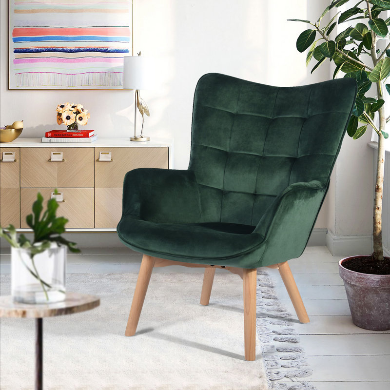 Drucker 68cm Wide Tufted Wingback Chair, Green Velvet
