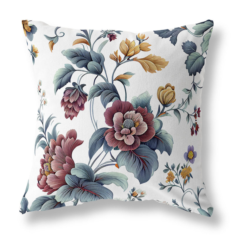 Coussin Orchit, Bleu / brun / floral blanc, H 16 po x l 16 po