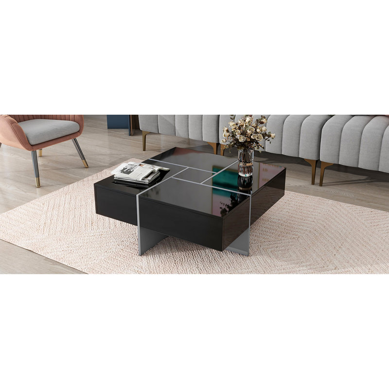 Square Coffee Table, 4 Hidden Storages, Extendable Sliding Tabletop, Glossy, 31.5"X31.5", For Living Room Decoration Table With Storage And Surface, Veneer, Construction