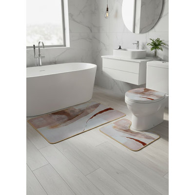 Muted Terracotta & Gold 3-Piece Bathroom Rug Set: Abstract Earth Tone Non-Slip Bath Mat, Rug, and Matching Lid Cover