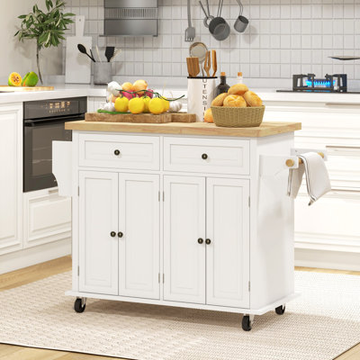 Kitchen Island on Wheels, Rolling Cart with Rubberwood Top, Spice Rack, Towel Rack and Drawers for Dining Room by Winston Porter