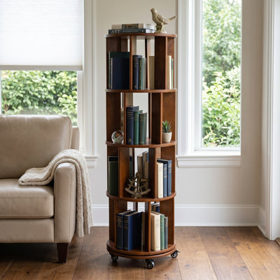 Bibliothèque pivotante à 360 ° en bois d'hévéa, équipée de roues de frein pour les petits espaces, bibliothèque d'angle pour chambre à coucher, salon, salle d'étude